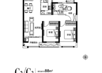 三室兩廳一衛(wèi)；88㎡；C2/C3戶型 3室2廳1衛(wèi)1廚 88.00㎡